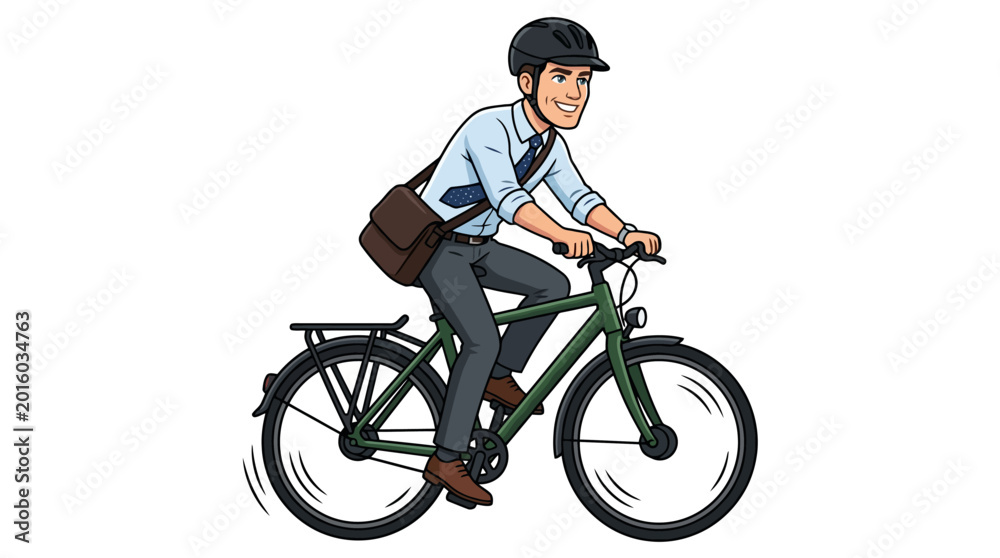 Fototapeta premium Green bicycle with brown bag on rear rack moves right on a clean white background