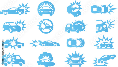 Schilderij op canvas Car crash icons set, accident collision insurance transport accident vector illustration