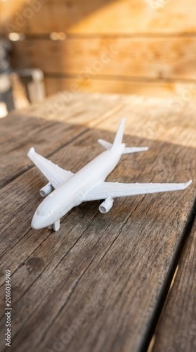 White airplane model on wooden table