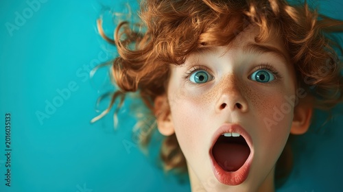 A child with curly hair expresses pure amazement and joy, standing against a vibrant blue background, highlighting the richness of youthful emotions and spontaneity.