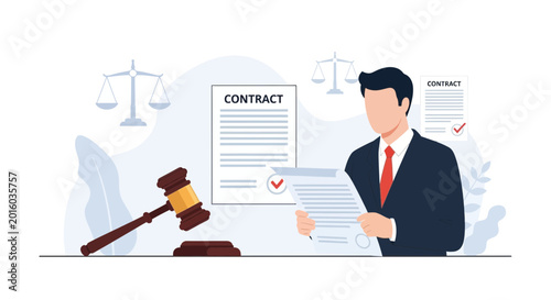 Legal Justice Concept: Lawyer reviewing contract with gavel and scales of justice
