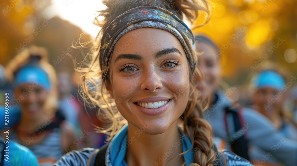 Fototapeta premium A joyful woman enjoys a sunny autumn day, surrounded by friends, capturing the essence of friendship and outdoor adventure in a vibrant park setting.