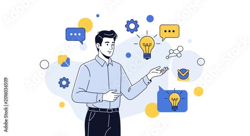 Man presenting ideas, innovation, teamwork, and communication concept illustration