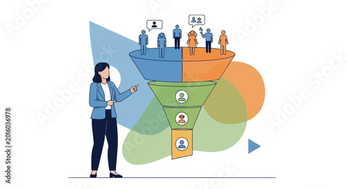 Marketing sales funnel illustration with people and customer journey stages
