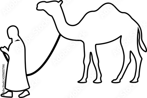 Obraz na plátně Camel silhouette and outline vector icon with Arabian desert animal walking hand