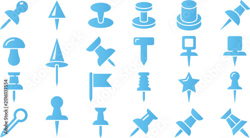 Foto Collection of blue stationery pins icons, graphic symbols for office and design needs, flat style