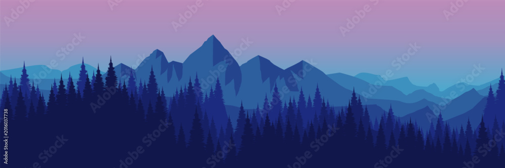 Fototapeta premium Calm pine forest landscape template with blue gradient