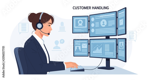 Support Agent at Desk with Multiple Monitors and Headset - Customer Service Illustration