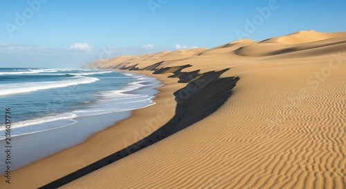 Coastal Desert Landscape - Sand Dunes Meeting the Ocean Under Blue Sky.