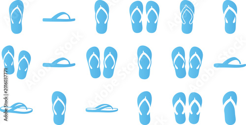 Obraz na plátně Collection of blue flip-flop icons, representing summer footwear, beach, and vacation styles