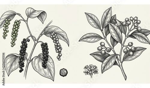 Photos Hand drawn black pepper and allspice herbs vintage engraved vector sketch isolat