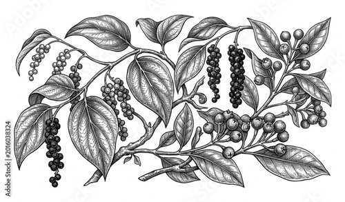 Εκτύπωση καμβά Vintage engraved black pepper leaves and allspice botanical hand drawn vector il