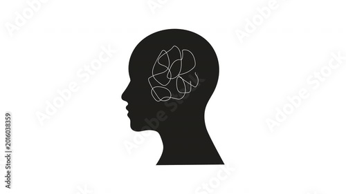 Silhouette Head With Tangled Lines Representing Mental Health, Anxiety, Stress And Confusion