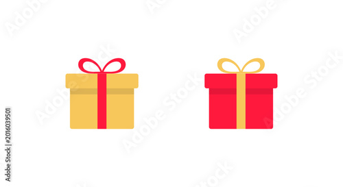Gold and red gift box icon. Cute present package symbol. Surprise giving sign