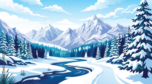 Картината върху платно Winter mountain landscape with snow covered trees and winding river