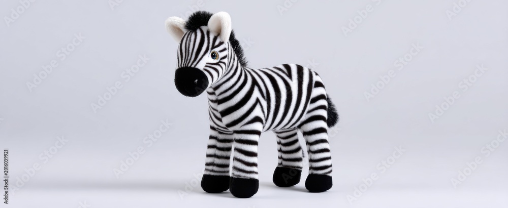 Fototapeta premium Charming zebra plush toy featuring striking black stripes on a clean white background for decor