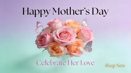 A pastel-colored greeting card featuring a bouquet of pink roses with butterfly accents, set against a gradient purple-to-green background. Text reads "Happy Mother's Day" and "Celebrate Her Love" in 