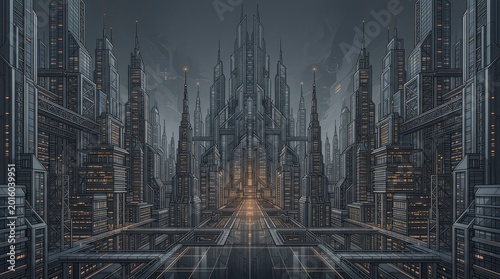 Futuristic city with tall skyscrapers, illuminated buildings, artistic and modern vibes.