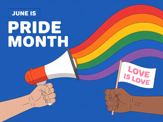 A digital illustration celebrating Pride Month with a bright blue background.