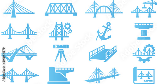 Obraz na plátně Collection of blue bridge icons on white background, civil engineering and architecture graphic symbols