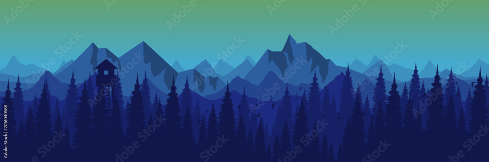 Fototapeta premium Calm evergreen mountain presentation background with layered forest and blue gradient