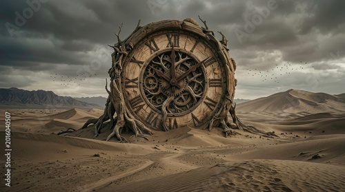Surreal clock in the desert. Time and nature concept, dramatic sky.
