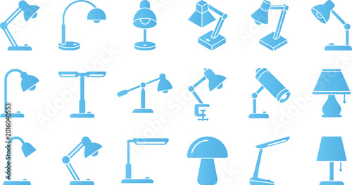 Fotografie Various blue desk lamps and lighting fixtures isolated on white background for interior design