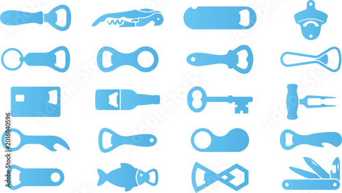 Bild auf Leinwand Assortment of blue bottle openers and corkscrews on a white background for kitchen tools
