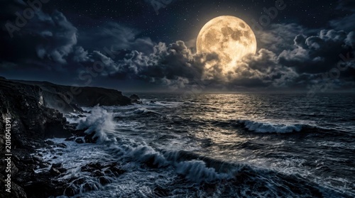 Dramatic seascape at night. Full moon over the ocean. Waves crashing by the shore.