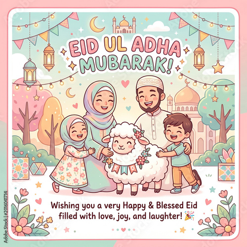 Cute Cartoon Eid Ul Adha Greeting Card with Happy Muslim Family and Sheep Illustration