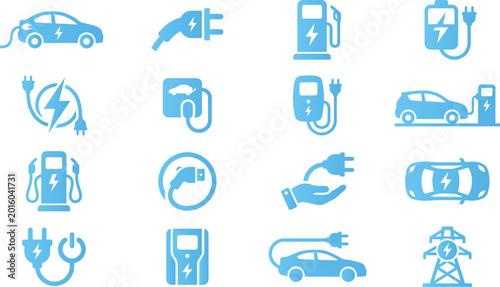 Electric vehicle charging station icons and symbols set, technology and transportation concept.