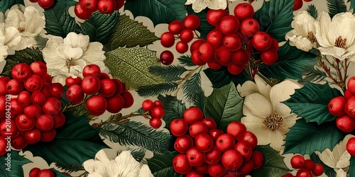 Seamless Christmas pattern with red berries and white flowers, festive holiday background design.