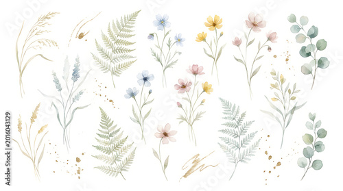 Pastel Botanical Sprigs Watercolor PNG