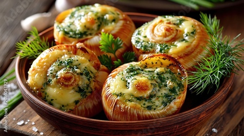 Baked snails. On a wooden background. Top view.