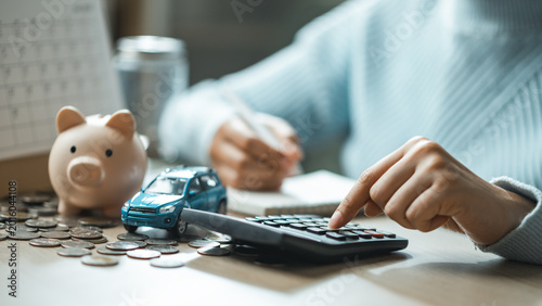 Emergency fund and personal finance planning concept with savings account, calculator and budget management for financial security and future stability.