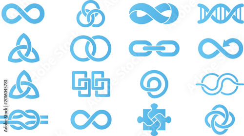 Set of blue abstract icons for infinity, connection, and DNA concepts.
