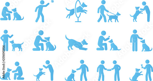 Photos Set of blue icons showing dog training and human-animal interaction on white background