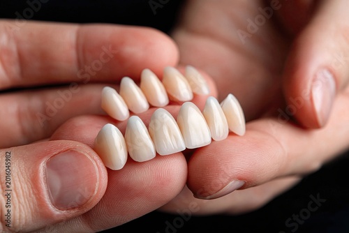 Hands holding dental veneers on a black background
