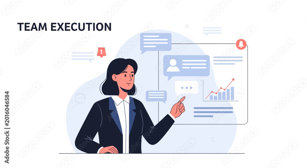 Fototapeta premium Business woman pointing at presentation screen with charts and chat bubbles