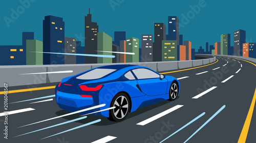 Tableau sur toile Blue sports car on highway road 1.