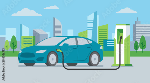 Bild auf Leinwand Electric car charging at station.