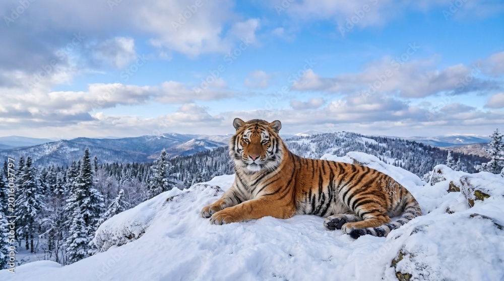 Obraz premium Majestic tiger resting on snowy mountain peak.