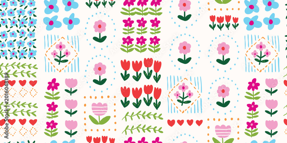 Obraz premium Seamless summer floral patchwork pattern with red and pink flowers on a light background, cute spring flower repeat design for kids fabric, textile print, wallpaper, wrapping paper, seasonal fashion