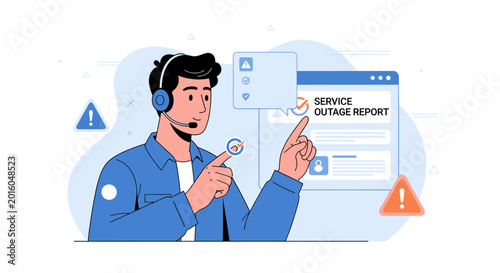 Customer service agent with headset handling service outage report, alerts, and feedback