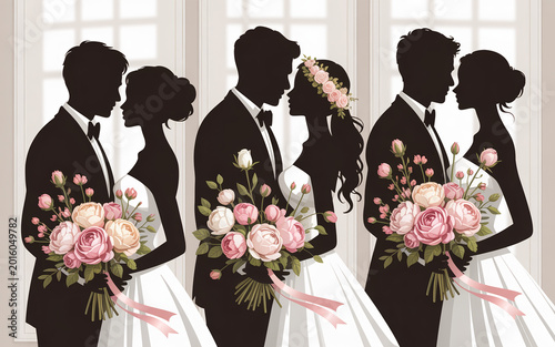 Set of bride and groom wedding silhouettes