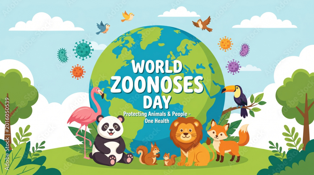 Naklejka premium Zoonoses global awareness illustration with wildlife animals and earth concept for public health prevention campaign