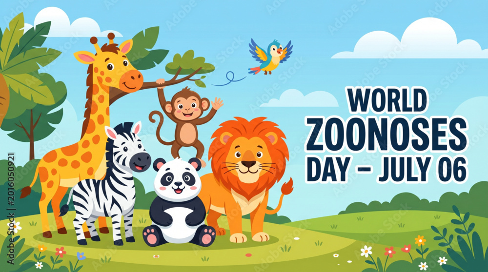 Naklejka premium Zoonoses education banner with wildlife animals and global health awareness concept for children learning campaign design