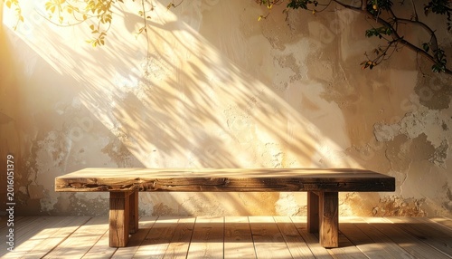 Golden light illuminates rustic wooden bench