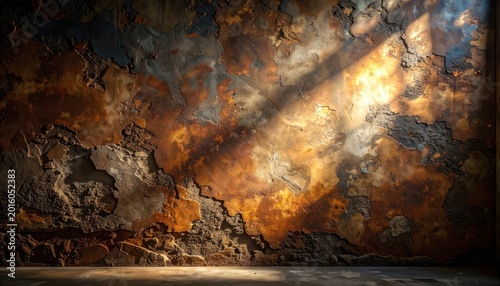 A textured wall with peeling paint and rust exhibits a dramatic interplay of light and shadow, creating an abstract and industrial aesthetic.