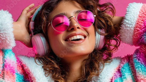 Stylish young woman in casual clothes listening to music on headphones and dancing.